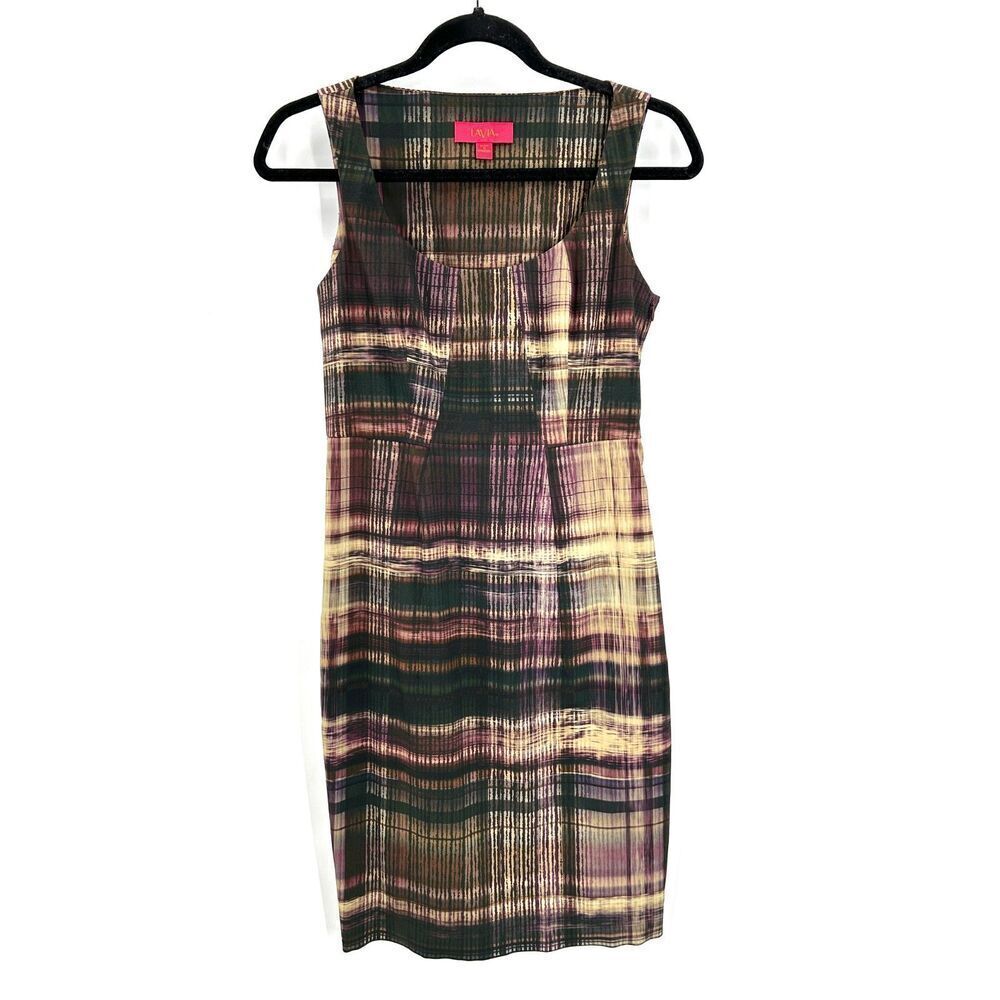 LAVIA 18 Virgin Wool Brown Purple Abstract Watercolor Sheath Dress Size EU 38